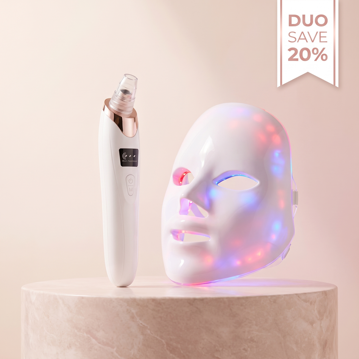 The Clear & Glow Duo — PoreVac pore vacuum and 7-Color LED light therapy mask bundled together, save $20