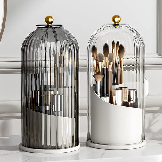 360° rotating makeup brush holder with lid, front view
